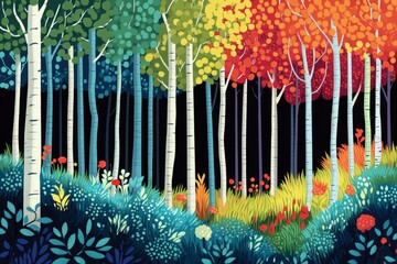 Obraz premium Whimsical forest scene showcasing a vibrant rainbow of trees and lush vegetation, creating a magical and colorful natural landscape
