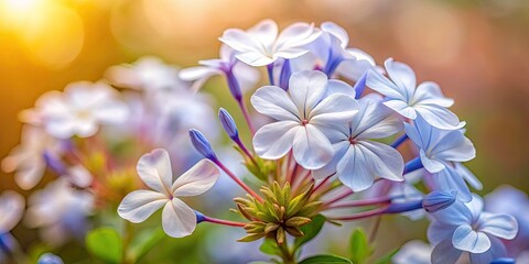 Tilt-Shift Close-Up Pink Plumbago Flowers, Miniature Cape Leadwort Bouquet, Isolated Background, Macro Photography