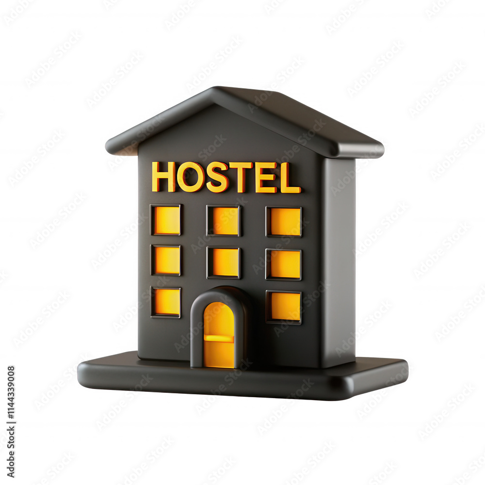 Poster a minimalist 3d model of a black hostel building with illuminated windows and bold lettering. perfec