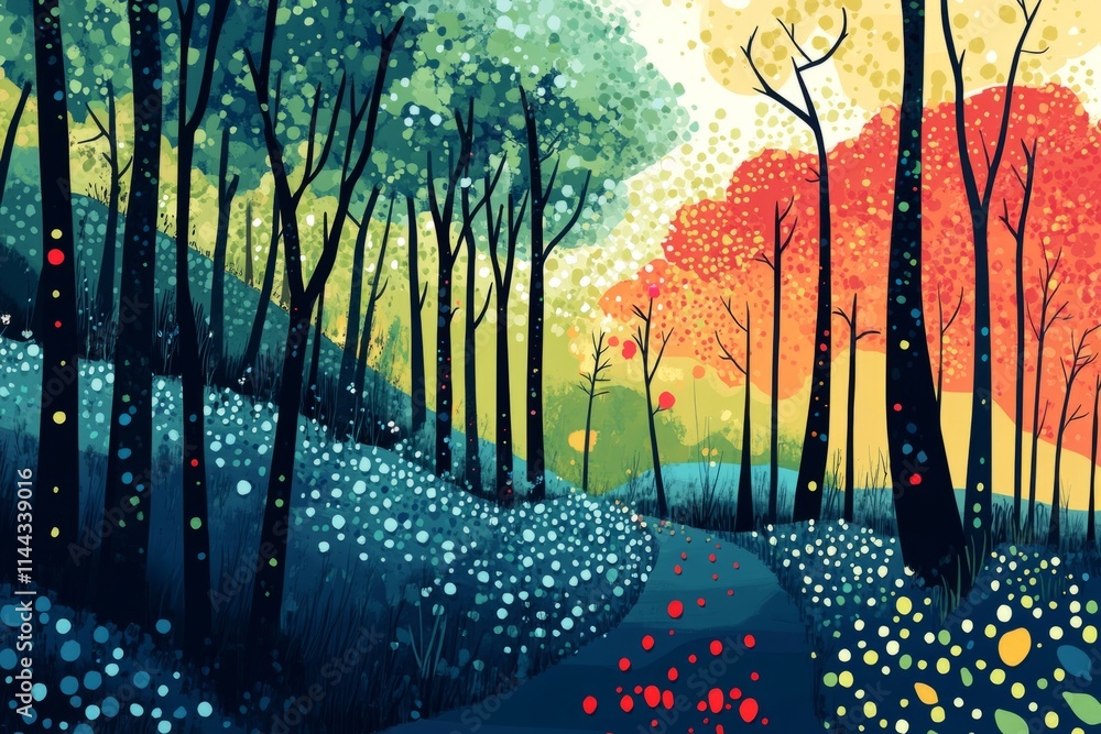 Poster whimsical forest path winding through colorful trees, creating a vibrant and enchanting natural scen