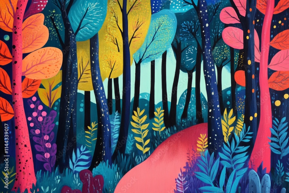 Poster whimsical forest path winding through colorful trees, creating a vibrant and enchanting natural scen