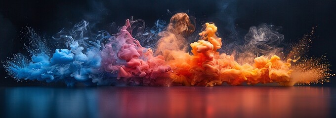 Fototapeta premium Abstract art featuring vibrant swirls of blue, pink, and orange ink in water. The colors blend beautifully, creating a dynamic and mesmerizing visual.