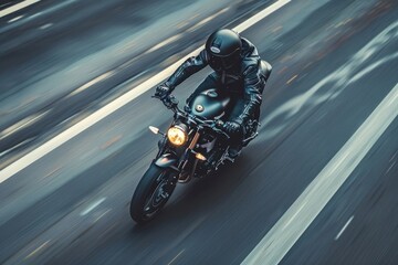 Motorcycle driver on asphalt motorway represents freedom and speed.