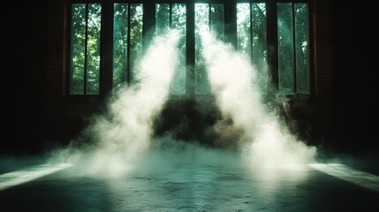 A dramatic display of greenish mist sweeping through a shadowed room, with light beams cutting through, creating an evocative and atmospheric composition.