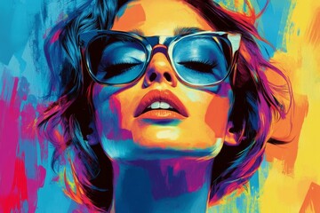 Obraz premium Stylish woman with sunglasses posing against a vibrant, artistic backdrop