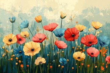 Fototapeta premium Artistic depiction of colorful poppies blooming in a meadow under a cloudy sky, evoking a sense of tranquility and beauty