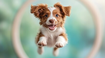 A cheerful brown and white puppy mid-air, joyfully leaping through a hoop in a dynamic, blurred backdrop, capturing the essence of playful spontaneity outdoors.
