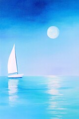 Obraz premium Serene Sailboat Under a Moonlit Sky: Tranquil Seascape with Smooth Blue Waters and a Gentle Breeze