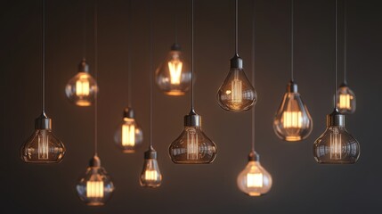 Realistic illustration of modern and vintage lamp lights, including metallic chandeliers and hanging glass LED bulbs for interior design