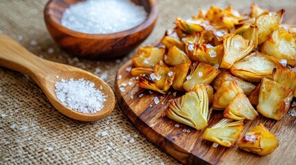 Grilled Artichoke Hearts with Sea Salt on Rustic Wooden Board and Textured Background