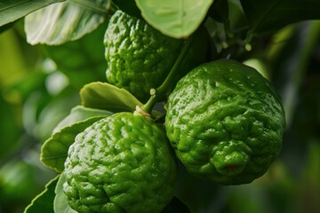 Close up of bergamot fruits growing on tree branch among green leaves