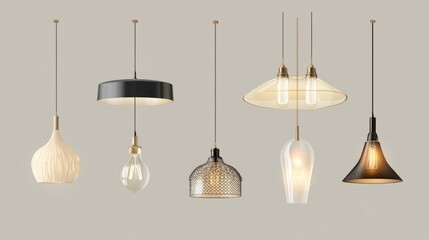 Realistic vector set of hanging lamp lights and retro chandelier bulbs, showcasing diverse home...