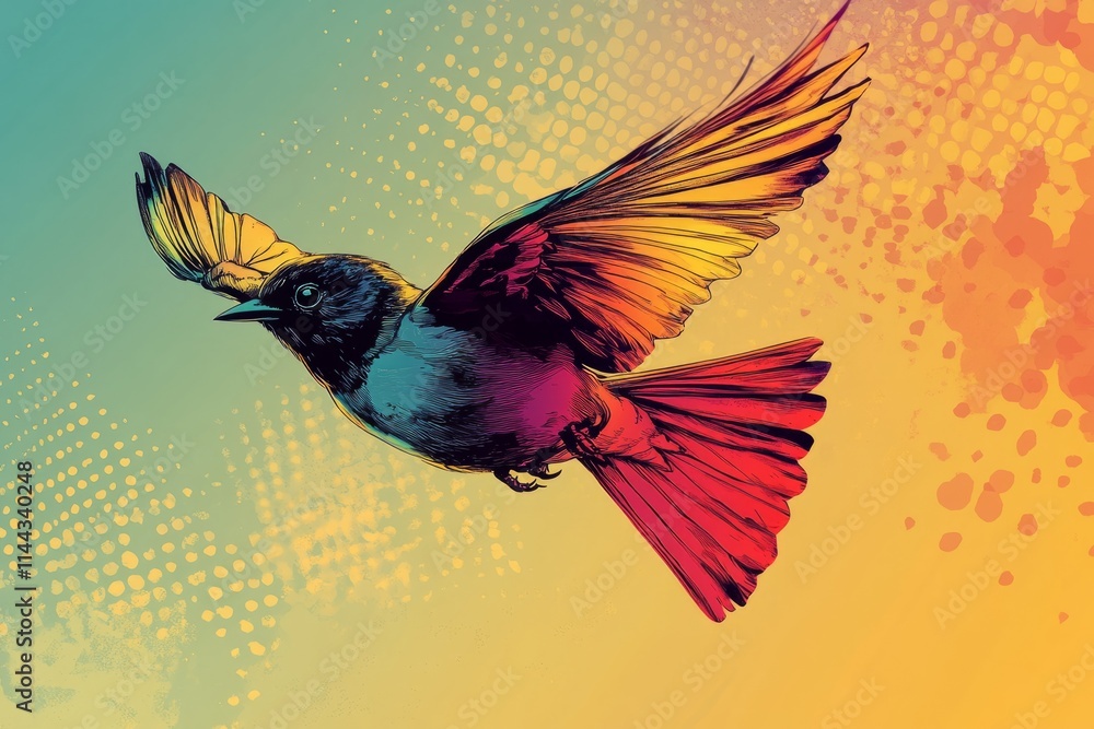 Poster small colorful bird flying with spread wings in a gradient background with halftone pattern, concept