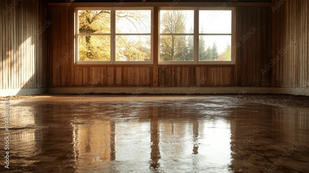 Wall mural Sunlight casts a golden hue inside a barn, reflecting off the smooth wooden floor creating a warm and inviting atmosphere, emphasizing natural tranquility and simplicity.