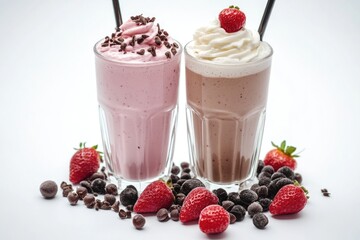 Two milkshakes on a table with strawberries and chocolate chips.