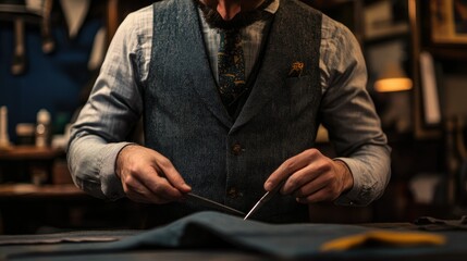 A tailor preparing to cut fabric, holding scissors in one hand and adjusting fabric with the other