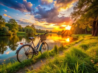 Obraz premium E-Bike Riverbank Adventure: Tranquil Scenic Ride, Electric Bicycle Nature Escape