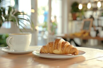 A croissant pastry on a plate next to a coffee cup, suggesting a leisurely breakfast or snack time at a cafe.