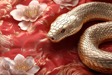 Fototapeta premium gold snake on red background with pink flowers symbolizes prosperity and good fortune. This vibrant image captures essence of celebration and elegance
