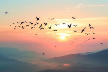 Obraz premium Birds flying freely in twilight sky at sunset.