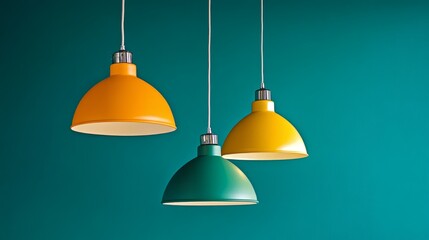Obraz premium Sleek pendant lamps in vibrant hues of orange, green, and yellow, hanging in harmony against a teal wall for a minimalist aesthetic