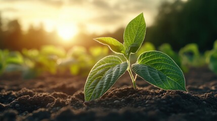 In an open field under a setting sun, a small plant sprouts from the earth, a symbol of resilience, renewal, and harmony with nature's endless cycle of life.