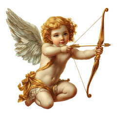 Fototapeta premium A cherubic figure with golden hair and wings draws a bow, poised to shoot an arrow.