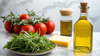 Fresh Ingredients for a Healthy Salad with Olive Oil and Cheese on a Marble Background