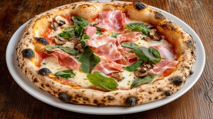 Freshly Baked Pizza with Basil, Mushrooms, Ham, and Mozzarella on Rustic Wooden Table
