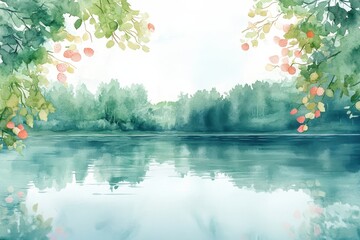 Serene Watercolor Landscape with Greenery and Calm Reflections