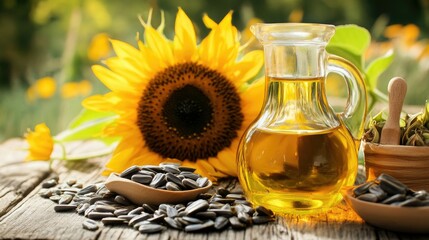 A vibrant arrangement of sunflower oil and seeds with a sunflower in the background