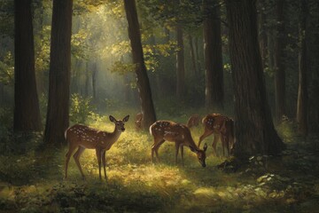 Sunlit forest clearing with three graceful deer grazing peacefully amidst tall trees.