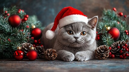 Obraz premium Cute british cat in Santa hat
