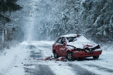 Red car damaged after an accident on a snowy road during a snowfall in a winter forest