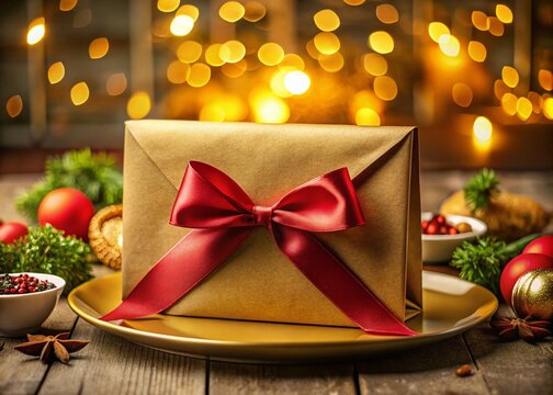Elegant Gold Envelope Voucher, Red Ribbon, Food Photography, Gift Certificate, Premium Design, Special Offer, Discount Coupon - Powered by Adobe
