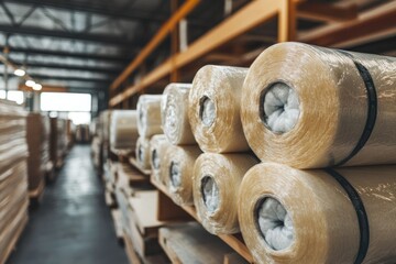 Rolls of mineral wool thermal insulation material stored in distribution warehouse, ready for shipping to construction site