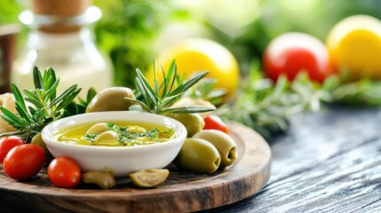 Fresh Olive Oil and Green Olives with Cherry Tomatoes on Rustic Wooden Table