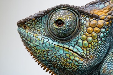 Fototapeta premium Close-up of a chameleon's head showcasing its vibrant, textured skin and intricate details.