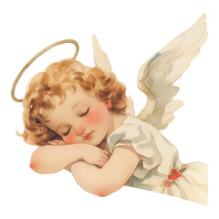 Fototapeta premium A cherubic angel with a golden halo and delicate wings, peacefully resting with eyes closed and a gentle expression.