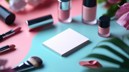 sleek business card lying flat on colorful surface surrounded by makeup products, including lipsticks, nail polish, and brushes, creating vibrant and stylish aesthetic