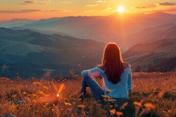 Obraz premium Woman sits with her back in the field and admires the sunset in the mountains