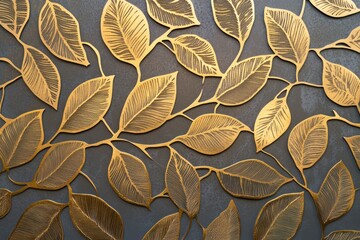 Fototapeta premium Gold leaf pattern on dark grey background.