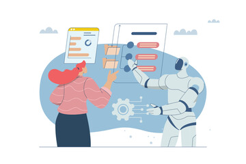 Document management or data management with robots or AI, Data checklist, Innovation development, Businesswoman working with artificial intelligence, Vector illustration of flat design.