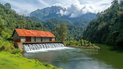 Scenic view of a watermill by a serene lake and mountains.