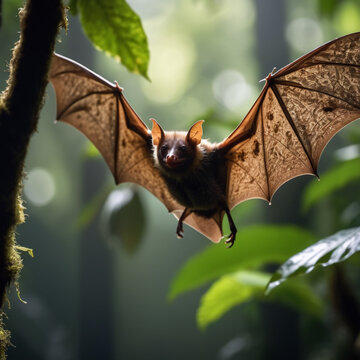 Tiere im Regenwald - Fliegende Fledermausin zwischen B&auml;umen