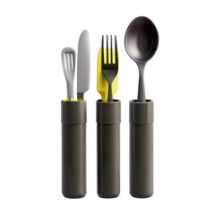 Fototapeta premium A modern 3D rendering of a utensil set featuring a spoon, fork, knife, and spatula, placed in sleek cylindrical holders. Perfect for contemporary dining.