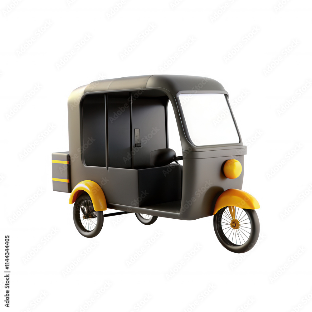 Poster a realistic 3d model of an auto rickshaw, commonly used in india. it features a black and yellow des