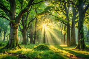 Naklejka premium Ethereal Sunlit Forest Glade - Magical Woodland Landscape Photography