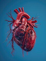 Close-up of human heart with visible valves and vessels.