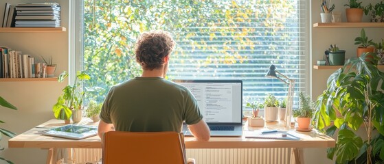 A person working on a laptop at a home office surrounded by plants and natural light.